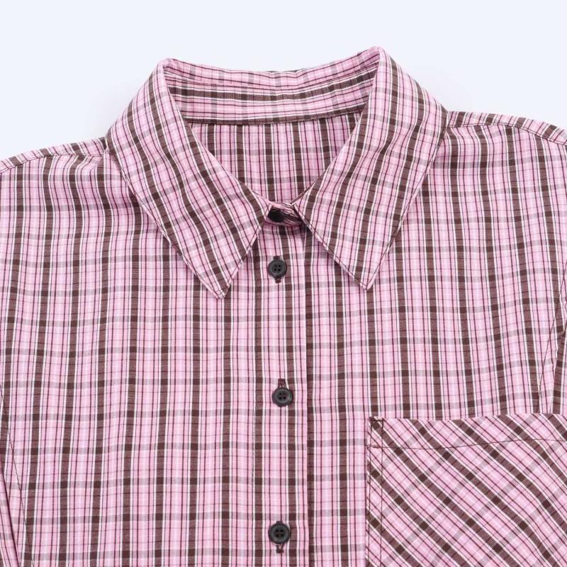 ZA Womens Slim-fit Pink Black Plaid Shirt Versatile Casual Workwear Top