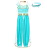 Girls Halloween Arabian Princess Cosplay Costume Sleeveless Sequins Long Jumpsuit Choker Gem Headwear Full Set