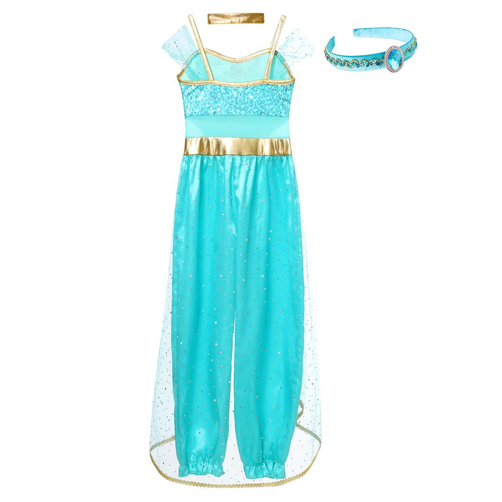 Girls Halloween Arabian Princess Cosplay Costume Sleeveless Sequins Long Jumpsuit Choker Gem Headwear Full Set