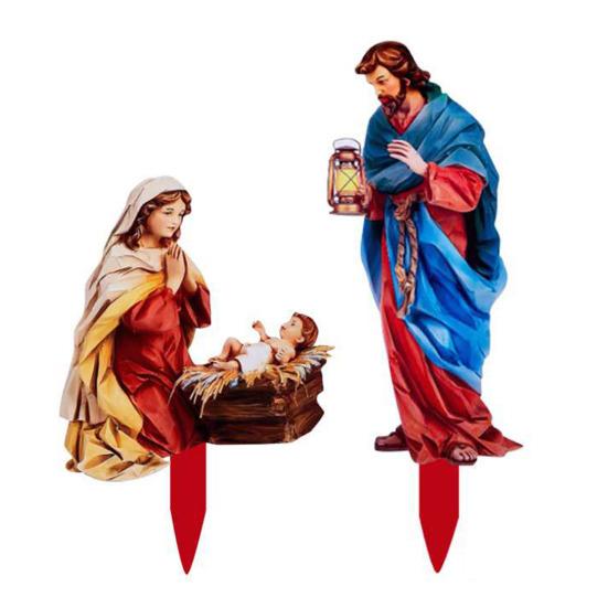 

1 Набор Садовые колышки для сцены Рождества Христова Рождественские уличные украшения Санта Младенец Иисус Святое Семейство Колышки для двора с подсветкой для газона переднего двора A With Light