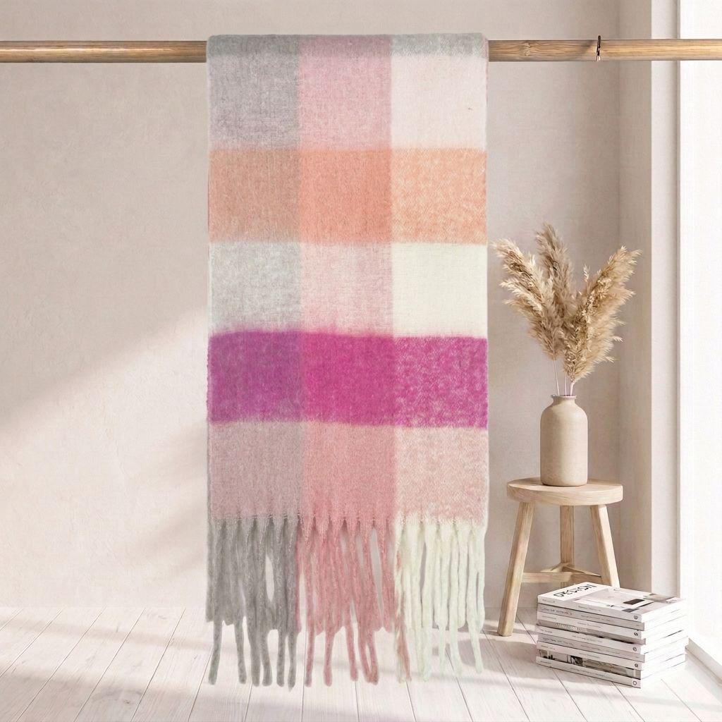Women's High-Grade Colorful Plaid Mohair Scarf - Thick, Warm, and Versatile for Winter