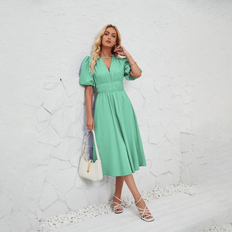 Summer Women Strapless Pleated Dress Solid Short Sleeve Ankle-Length Fashion