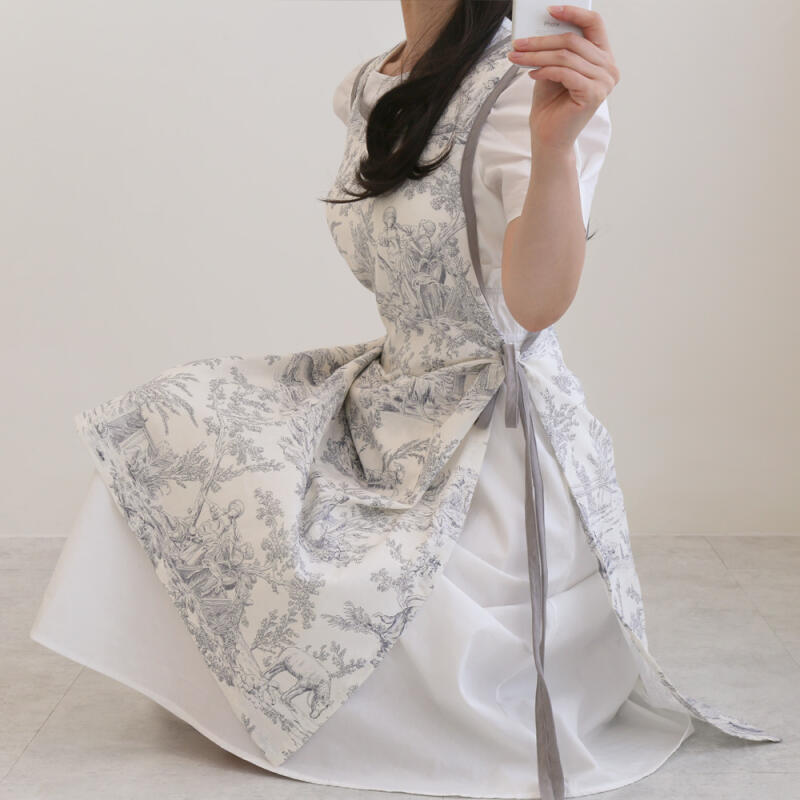 French Toile Pocket Linen Dress with Round Apron single color