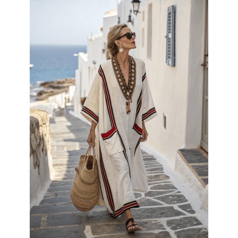 3D digital printing V-neck five-quarter sleeve long pocket Kaftan dress
