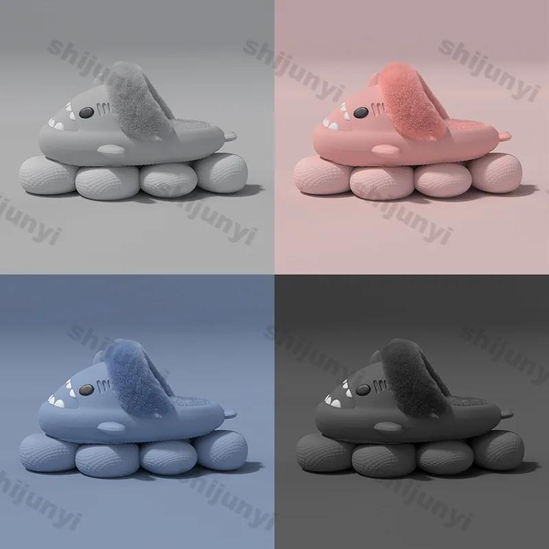 Módní dámské žraločí bavlněné pantofle Zimní voděodolné vnitřní protiskluzové pantofle Plyšové teplé párové Silná podrážka Odnímatelné žraločí žabky