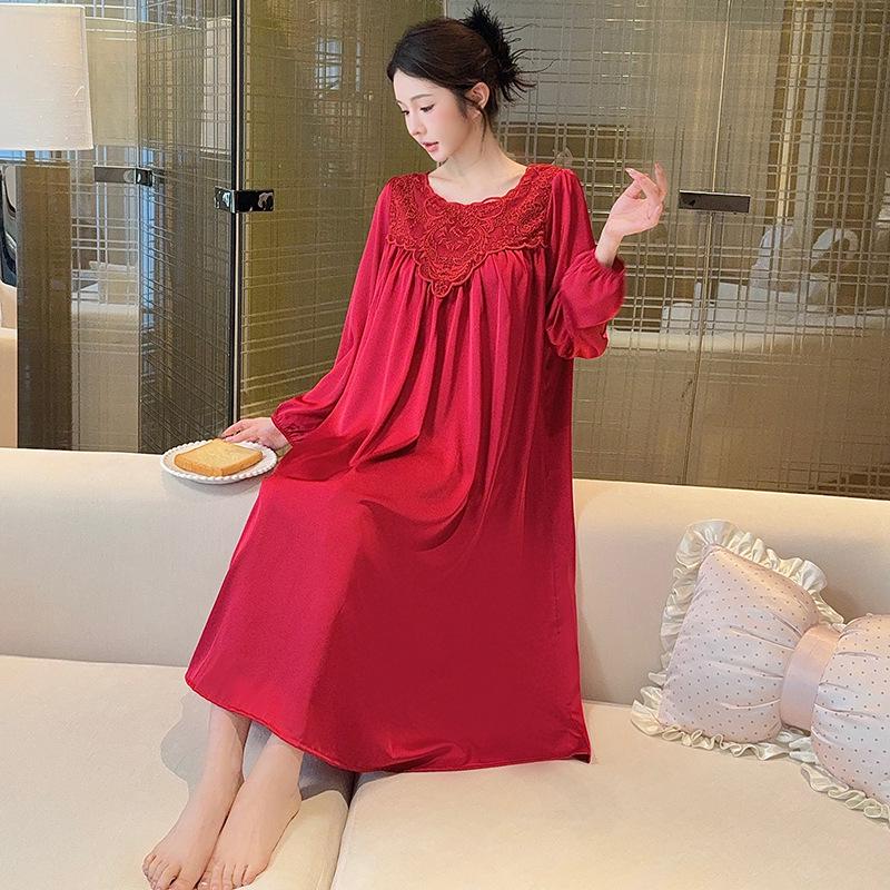 

Women s Ice Silk Pajama Dress: French Palace Style, High-End, Lace Detailing, Pure Desire, Perfect for Spring to Summer Loungewear One Size (Fits 90-150 kg) вина червоного кольору