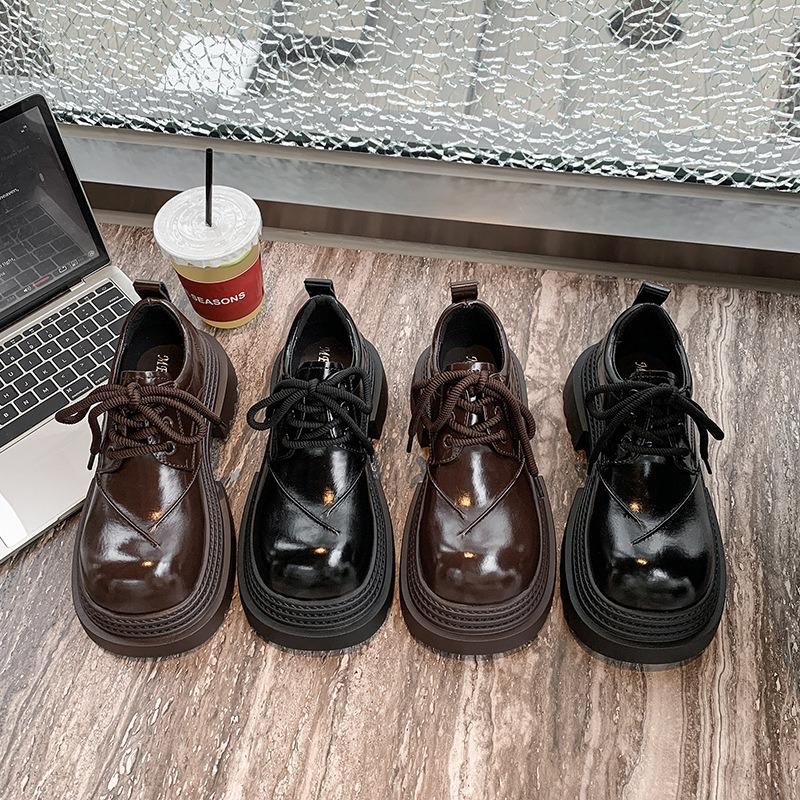 Leather small British big head small leather shoes women's spring new lace-up thick-soled heightening single shoes