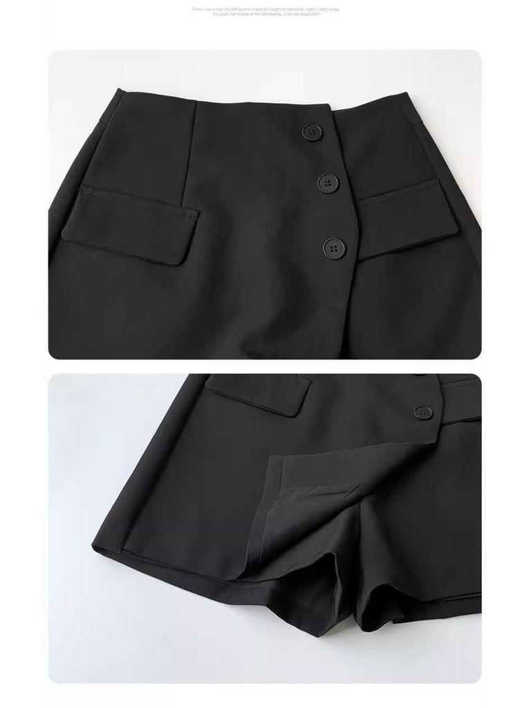 2025 Irregular High-Waisted Slimming A-Line Shorts Skirt with Button Detail - Women's Wide-Leg Pants