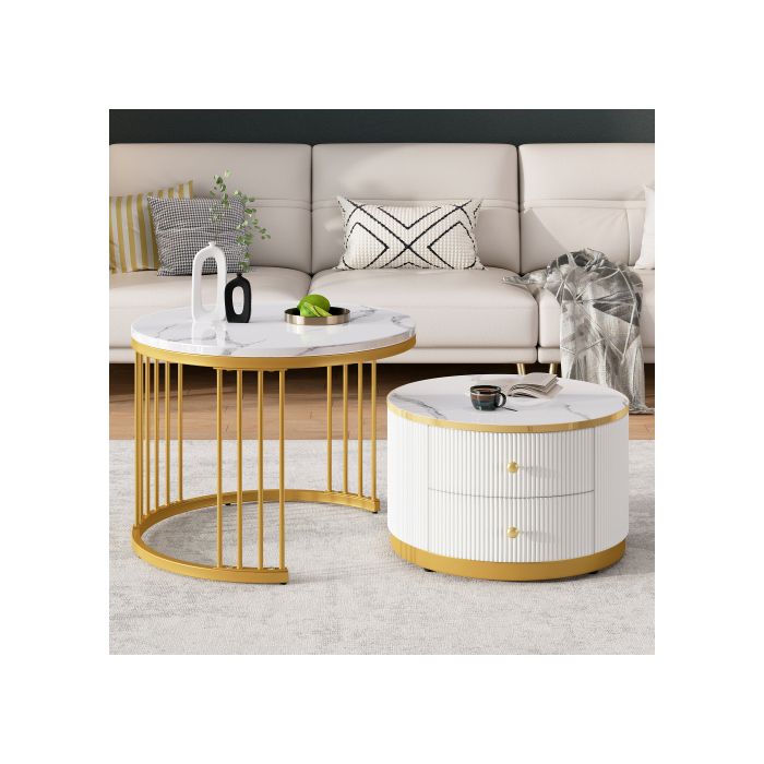 Table basse - MUVOE - Ensemble de 2 tables rondes - Blanc - Aspect marbre brillant - 2 tiroirs
