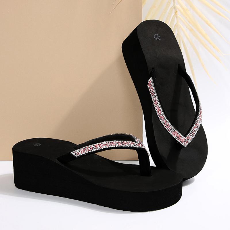 Dicke Sohle Strass Strand Flip Flops für Damen Sommer Mode Zehensteg Keilsandalen Frau Leichte Plateau Pantoletten 36-42