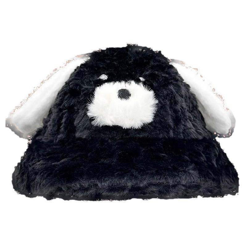 Women S Dog Ear Plush Bucket Hat Large Head Size Warm Cute Slim Face Korean Style Autumn Winter