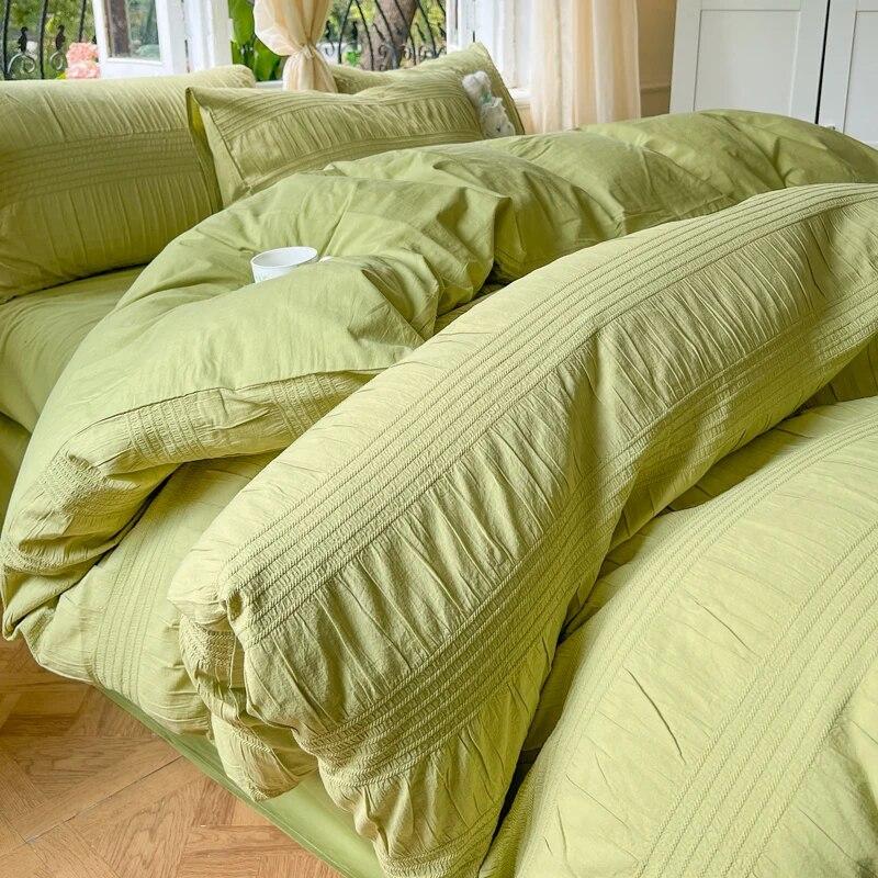 Set de lenjerie de pat prințesă coreeană Seersucker husă de pilotă cearșaf plate, față de pernă, set de lenjerie de pat, cuvertură moale, set de lenjerie de pat