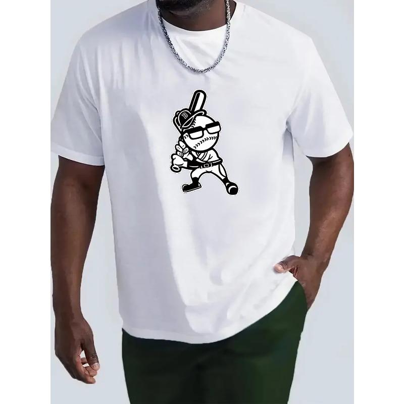 

Cartoon Baseball Player Pattern Men s T-shirt For Summer Outdoor, Trendy Graphic Male Clothing, Gift For Men S белый