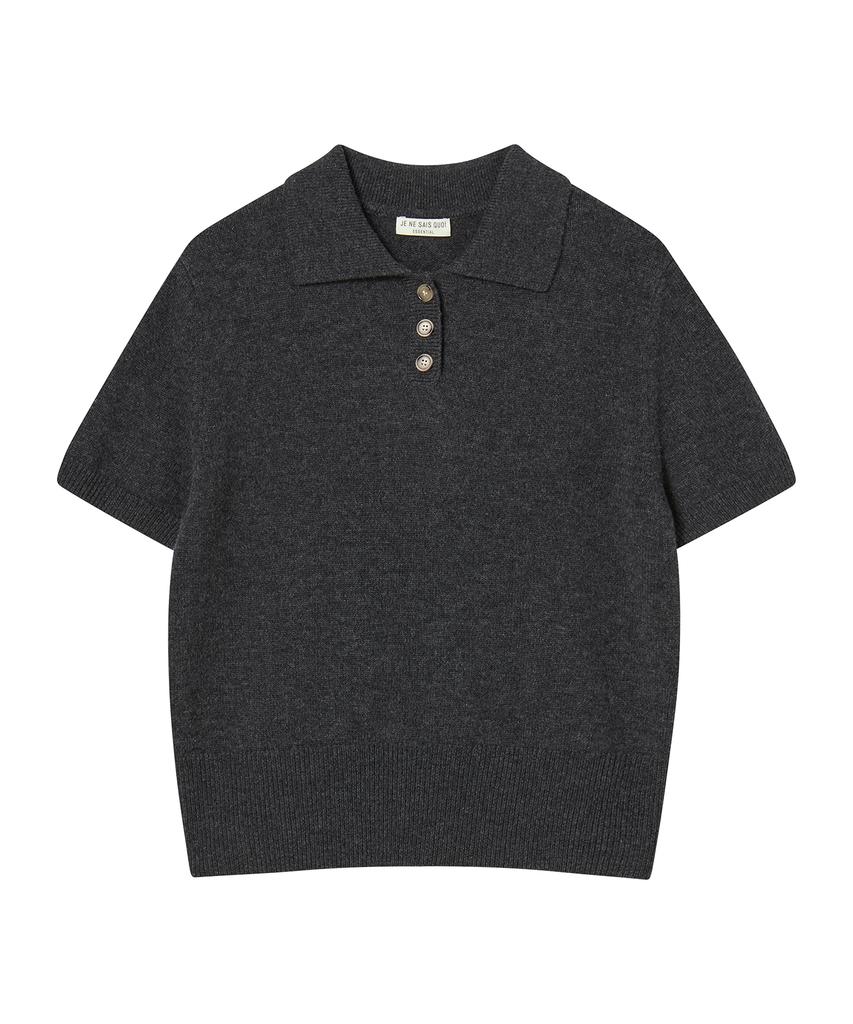 JE NE SAIS QUOI Cashmere Short Sleeve Polo Knit_ Charcoal