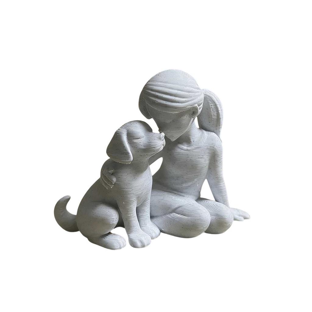 Decorative Sculpture Girl Sitting with Puppy Figurine Resin Material Indoor Outdoor Art Decoration for Home Office Garden Display