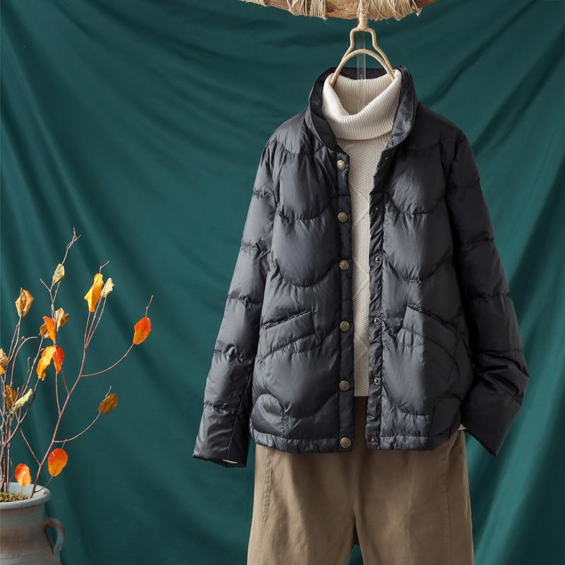 White duck down light down jacket women's short winter new loose casual big pocket stand-up collar retro coat