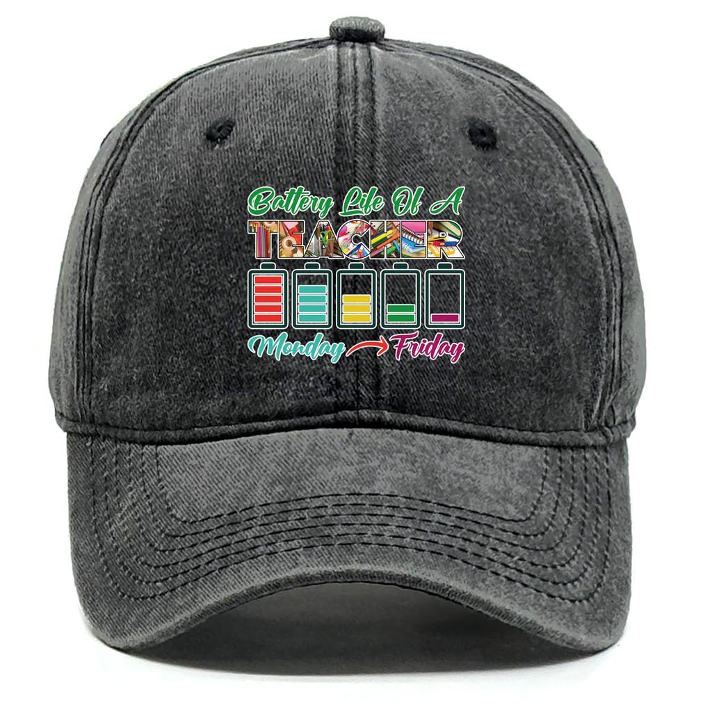 Battery Life Of A TEACHER" Print Adjustable Sun Hat, "Monday-Friday" Flat Cap Retro Non-Stretch Fabric Unisex Breathable Snapback Baseball Hat
