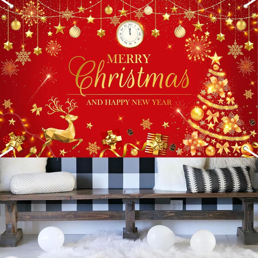 Merry Christmas  New Year banner  Christmas red and gold flag  Happy New Year background  party decoration