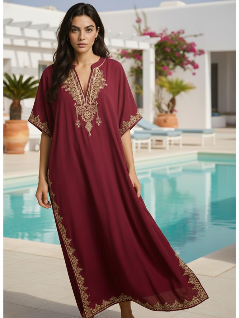 Womens Boho Embroidered V Neck Kaftan Dress Loose Fit Elegant Loungewear Beach Cover Up for Summer Resort Wear Q1545-23001