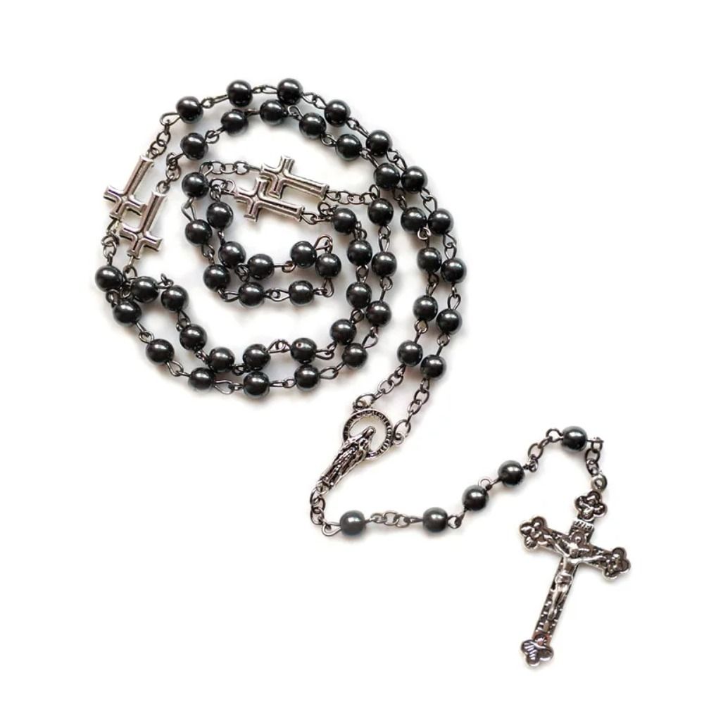 Long Cross Chain Vintage Crucifix Pendant Chain Black Gallstone Rosary Necklace  Women