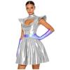 Costume da Donna a Tema Astronauta Alieni Vestito Metallico Lucido Spalline Strutturate Scollatura a Taglio Vestito da Festa a Linea ad A