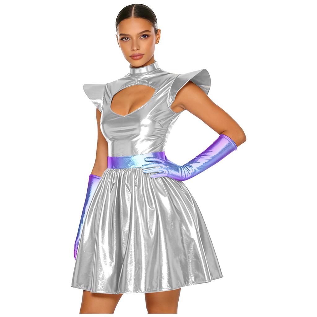 Costume da Donna a Tema Astronauta Alieni Vestito Metallico Lucido Spalline Strutturate Scollatura a Taglio Vestito da Festa a Linea ad A