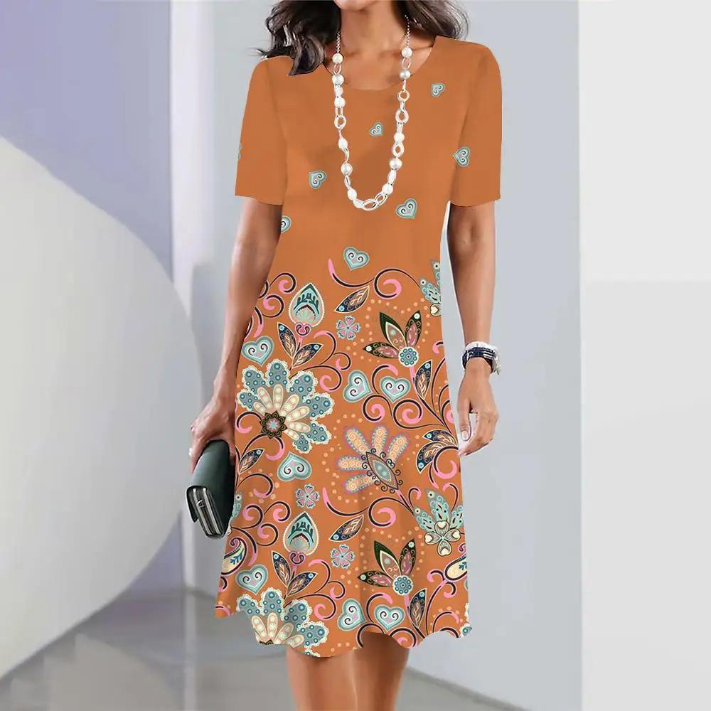 Summer Women's 3d Floral Print Pullover Dress Retro Elegant Fashion Round Neck Dress