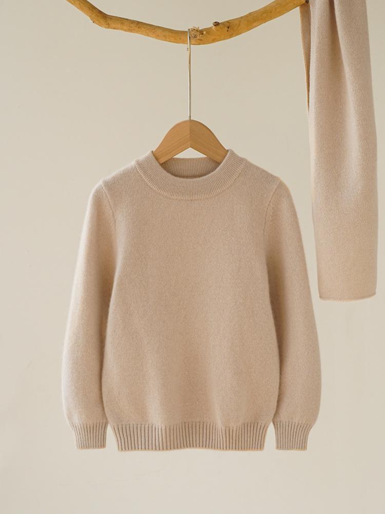 Children's Wool Ribbed Sweater - Round Neck, Cozy Autumn/Winter Base Layer for Girls