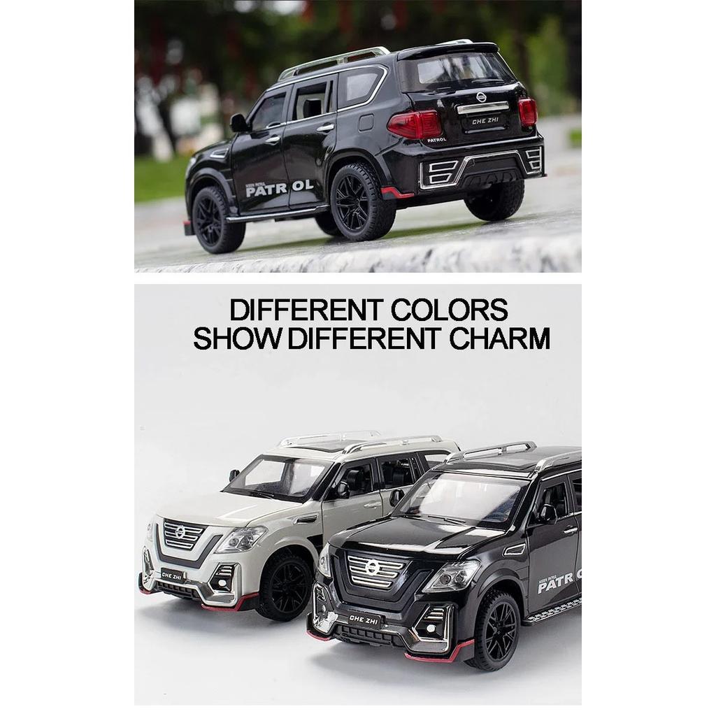 Nissan Patrol, Metall-Druckguss-Geländewagenmodell im Maßstab 1:24, Spielzeug für Jungen, Legierungsmodell mit Sportpaket, 6 Türen zum Öffnen, A303