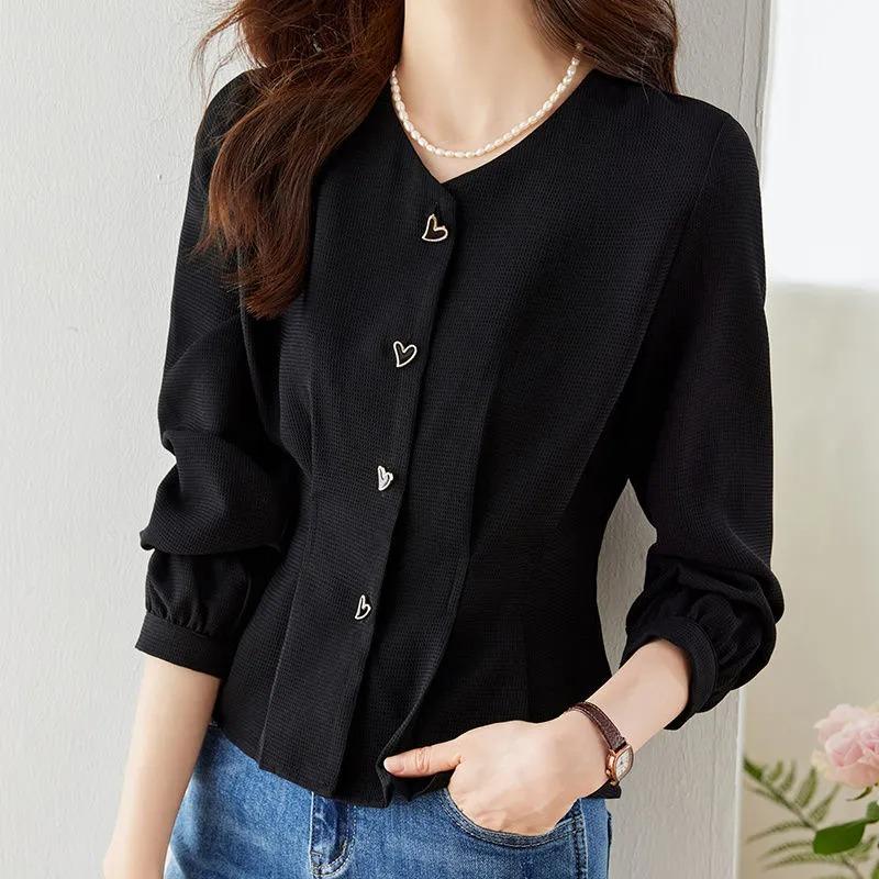 Black Shirt Women's Long-sleeved Autumn New Chic and Beautiful Shirt High-end Waist Short Top