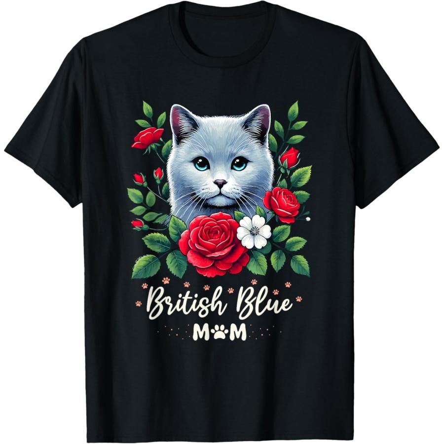 Roses Flowers British Blue British Shorthair Cat T-Shirt for Men Women S