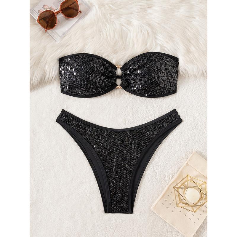 Pailletten Glänzend Bling Bandeau Bikini Damen Badeanzug Damen Bademode Zweiteiliges Bikini-Set Brasilianischer Badegast Badeanzug Schwimmen