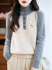 Women's Stand Collar Thick Embroidered Wool Sweater - Autumn/Winter Knitwear with Color Block and Small Horse Logo