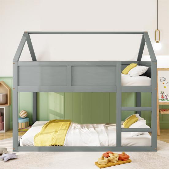 Bunk Children Bed, 90 x 200 cm, Low Bunk Single Bed, Loft Bed with Stairs, Solid Wood Frame, Wood Color
