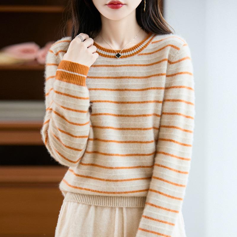 Women's Autumn 2025 Striped Cashmere Knit Sweater - Round Neck & Long Sleeve, Loose Fit