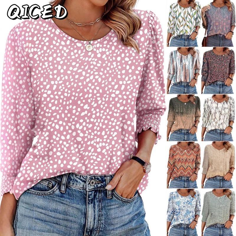QICED Women's Fashion Casual 3/4 Sleeves O-Neck Blouses & Shirts