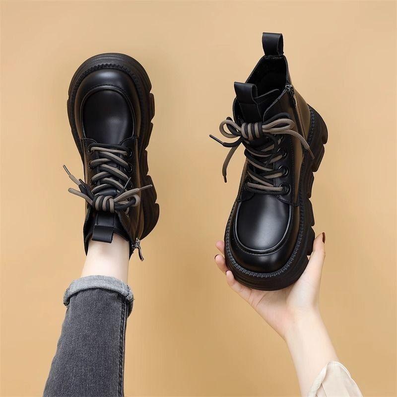 

Fashion Leather Platform Ankle Boots for Women Spring Autumn Lace-up Booties Round Toe Woman Short Shoes Chic and Elegant Goth Y2k Boot 35