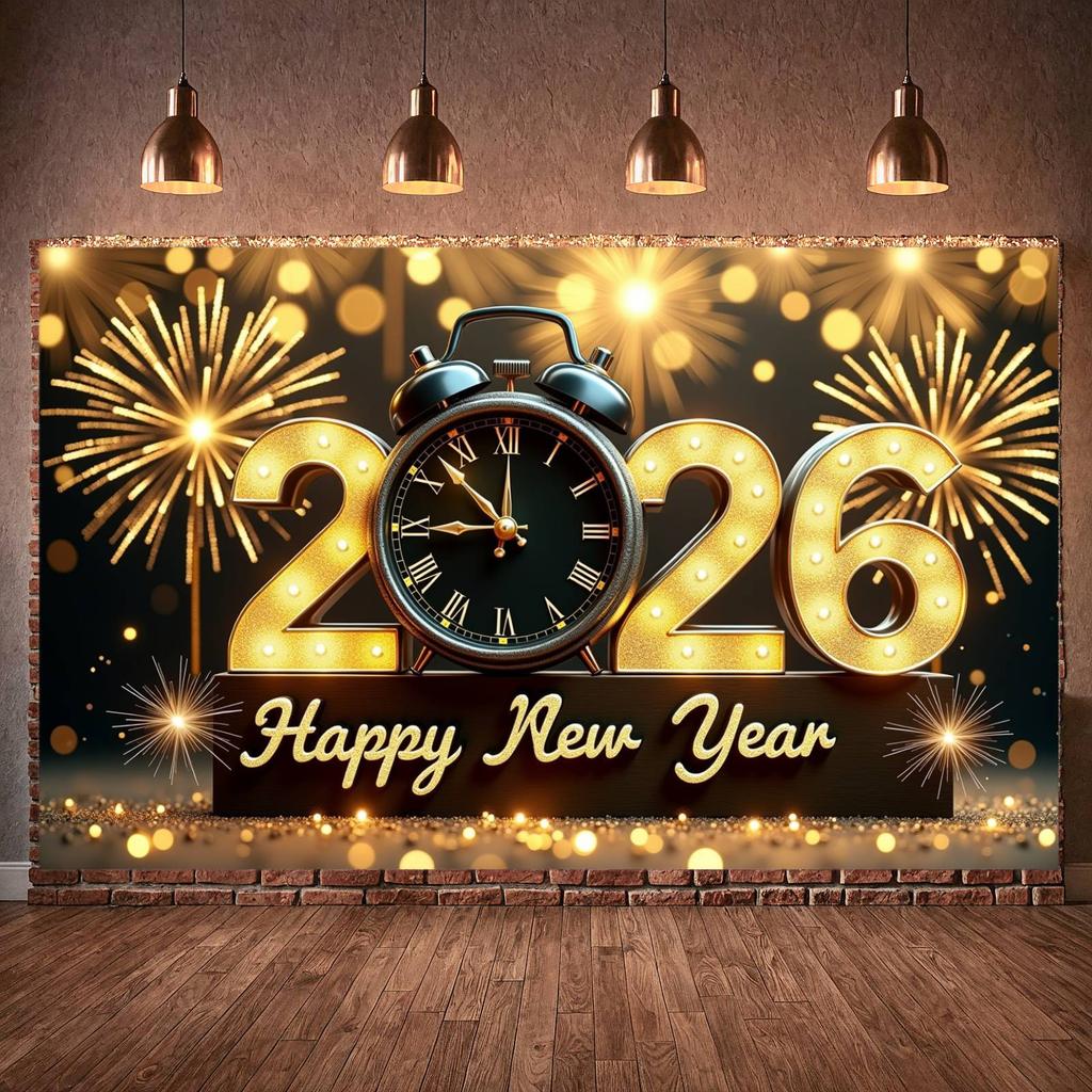 2026 Neujahrsbanner 2026 Design Uhr Dekor Banner Goldene Lichter Banner Beleuchtetes Design Für Feiertagsfeier 2026 Feier