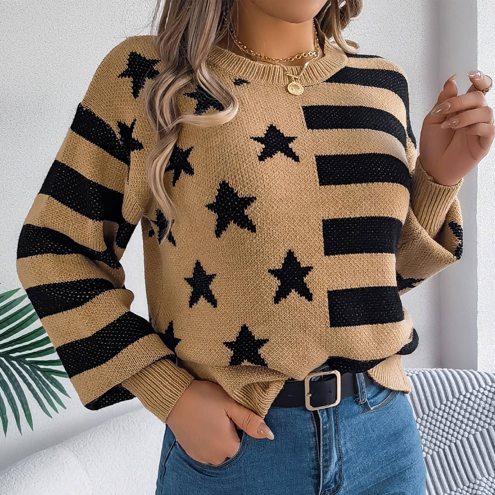 

Женский повседневный пуловер с длинными рукавами в полоску и со звездами XL хаки