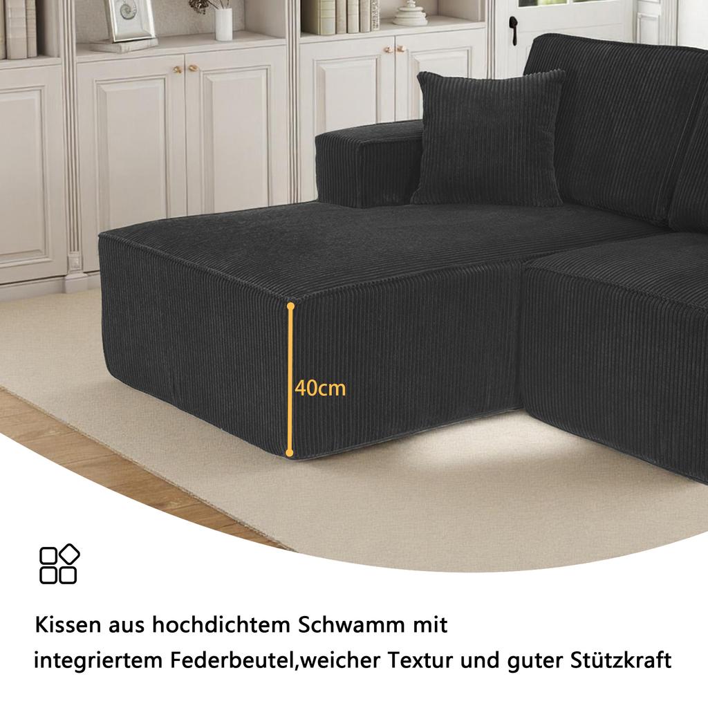 Fully Compressed L-shaped Corduroy Sofa, 2-person Seating Group + Chaise Longue Corner, Soft High-density Foam Padding, for Living Room, Black