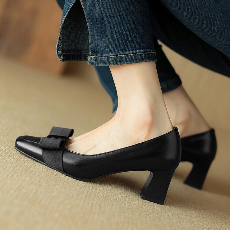 New low-top shallow single shoes casual high heels black square head one-pedal lazy shoes wear women's leather shoes in all seasons
