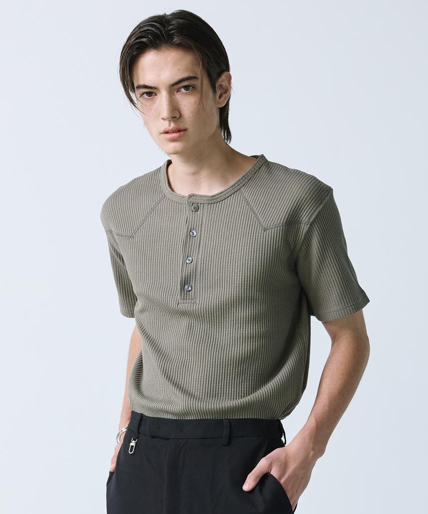 SSY Western York Waffle Henley Neck Half Sleeve Olive Khaki