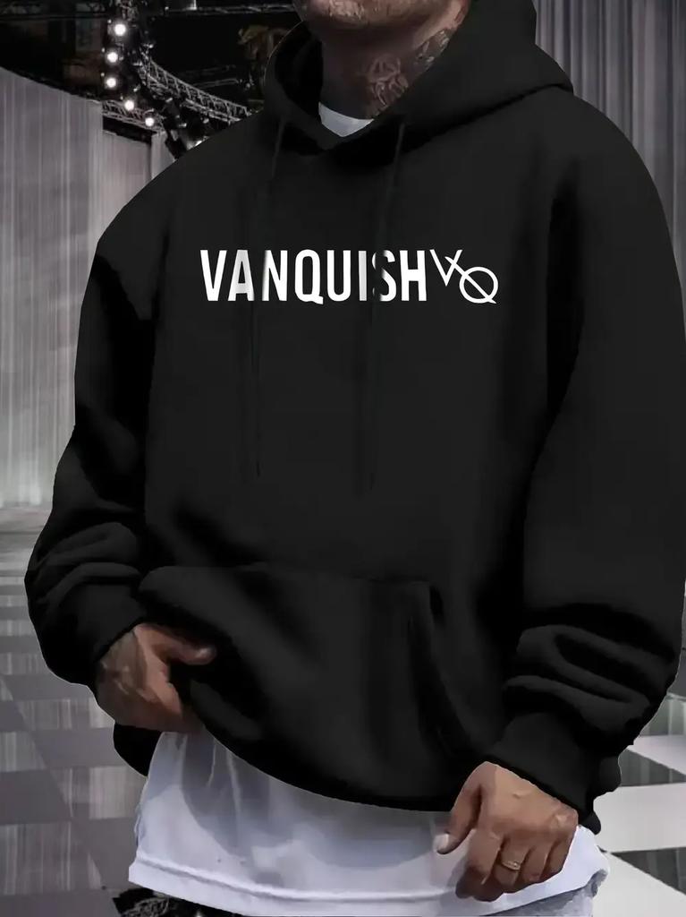 Casual Fleece Hoodie with VANQUISH Graphic Print - Heather Gray Relaxed Fit Warm Winter Sweatshirt
