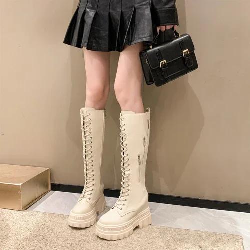 Móda Dámské silné podpatky Motocyklové vysoké boty Nové zimní 11CM robustní jezdecké boty PU kůže Rytířské boty Dámské zipové vysoké boty po koleno Botas