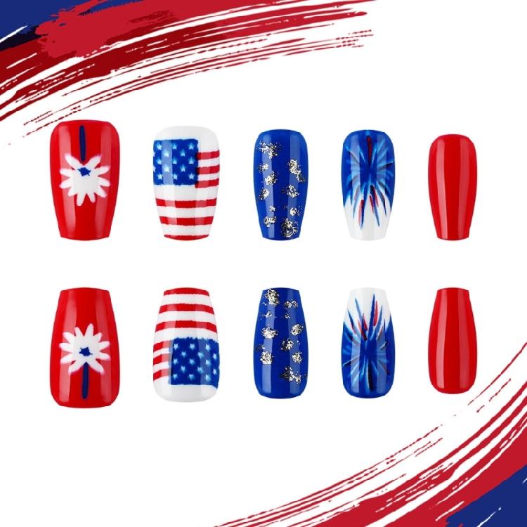 Unghia Finta Quadrata French Tip Unghia a Pressione Copertura Totale Unghia Finta Giorno dell'Indipendenza Unghia da Incollare Unghia Finta Patriottica