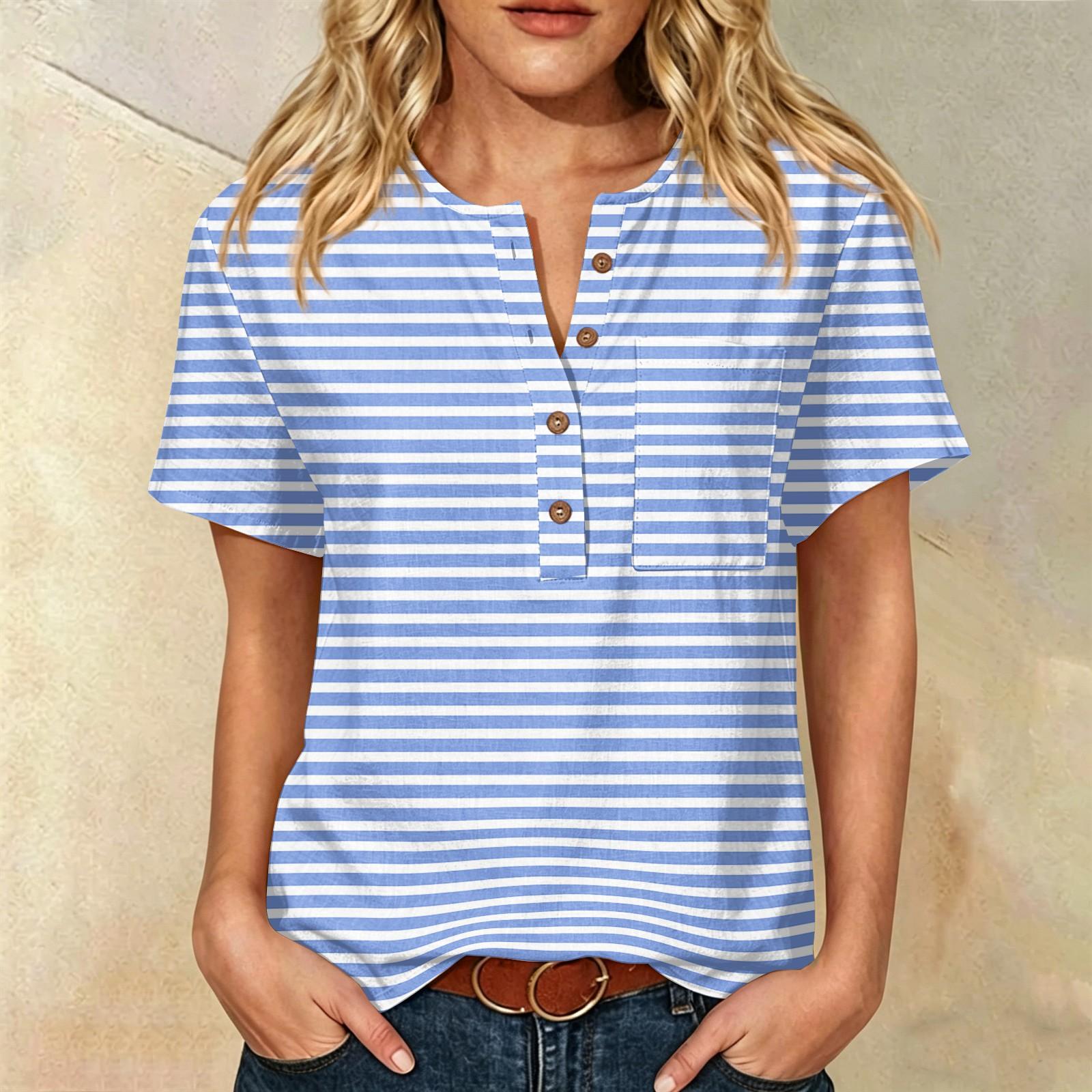 

Women’s Casual Short Sleeve Cotton Linen Shirt with Floral Print Henley Button Neck and Front Pocket Loose Fit Top S синий