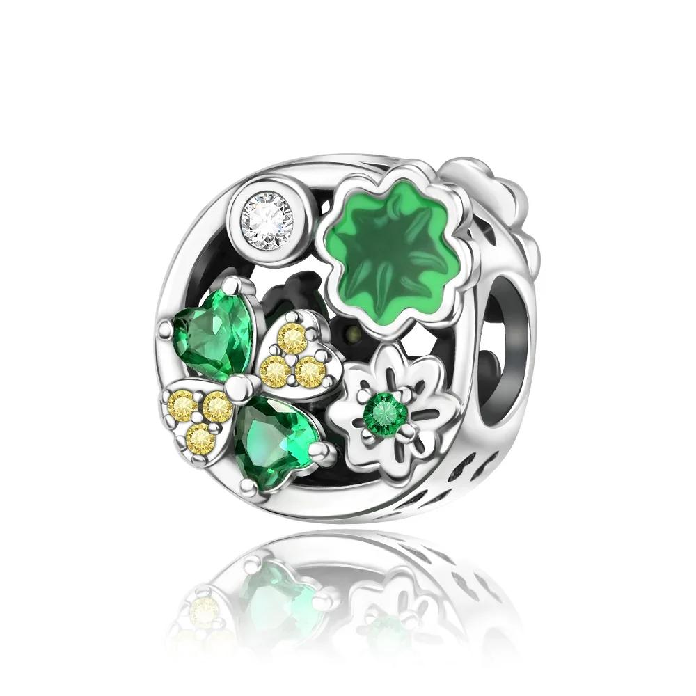 Lucky 925 Silver Charms Green Four Leaf Clover Horseshoe Bead Earrings Pendant Exquisite Bracelets Necklaces DIY Jewelry