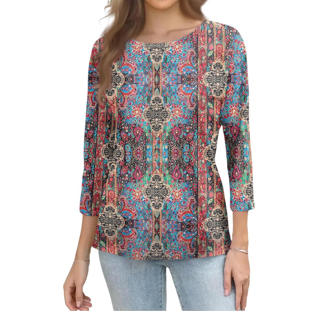 Women’s Casual 3/4 Sleeve Floral Pattern Printed Crew Neck Top Relaxed Fit Lightweight Pullover Blouse Shirt