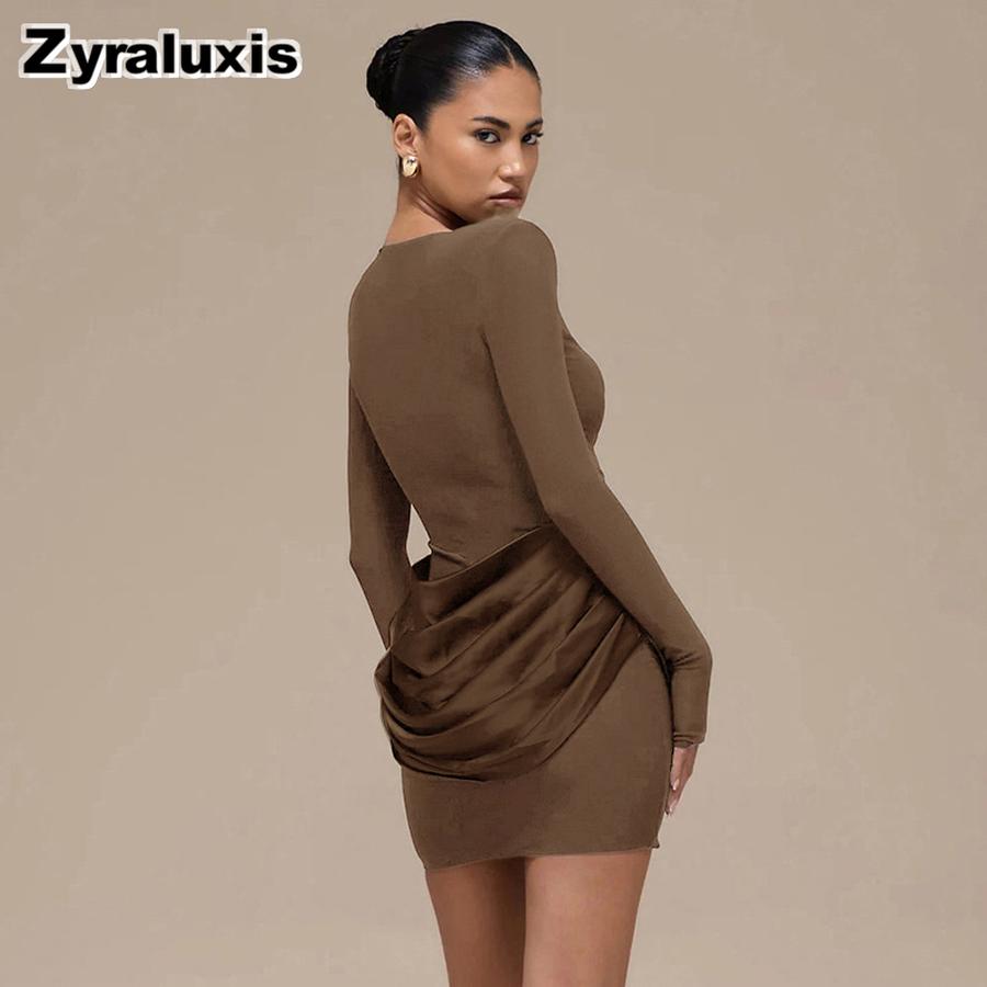 Women's Autumn Winter New Style Solid Elegant Casual Slim Fit Crew Neck Long Sleeve Ruffled Mini Dress