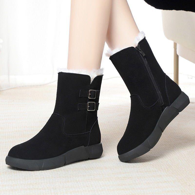 Women's Winter Genuine Leather Ankle Boots, Non-Slip Flat Sole with Thick Velvet Wool and Fur Lining.